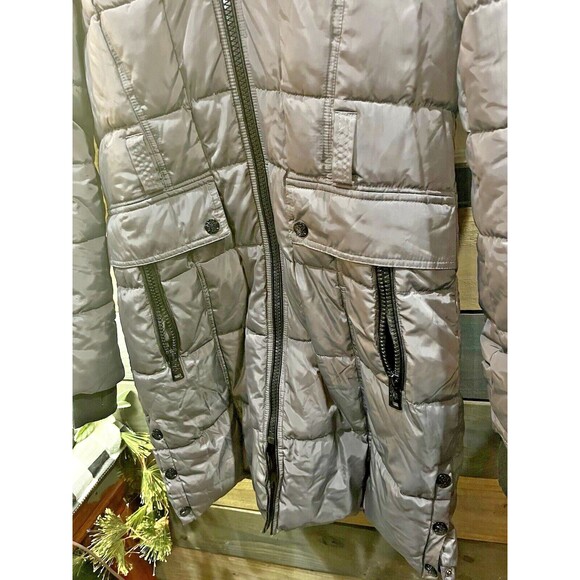 Nicole Miller Women’s Long Puffer Coat Gray Hooded Parka Faux Fur Trim Jacket M - Picture 2 of 9